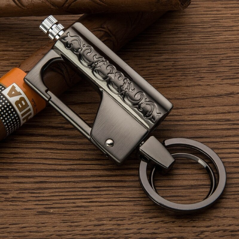 Luxury multifunction keychain lighter in metallic finish, perfect casual accessory for smoking enthusiasts.