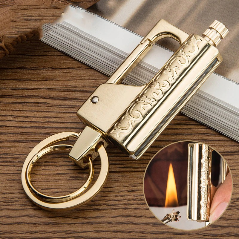 Luxury multifunction keychain lighter in gold, stylish and practical accessory with a flame, perfect for casual use.