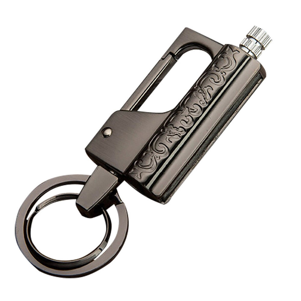 Luxury multifunction keychain lighter in sleek black stainless steel design; perfect for casual use and style.