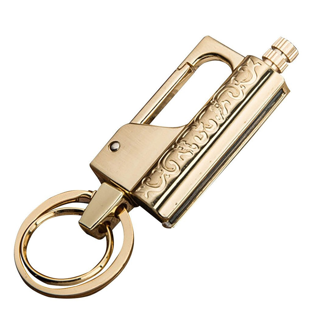 Luxury multifunction keychain lighter in gold with intricate design, perfect casual accessory for style and functionality.