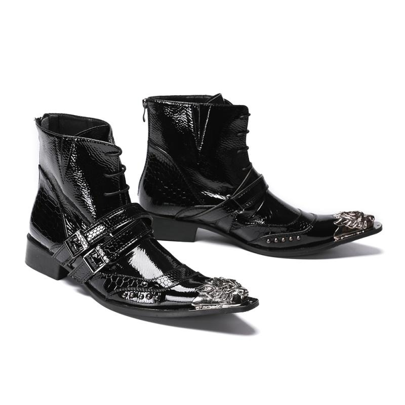 Trendy men's black patent leather ankle boots with buckles and metal-tipped toes for a luxurious style.