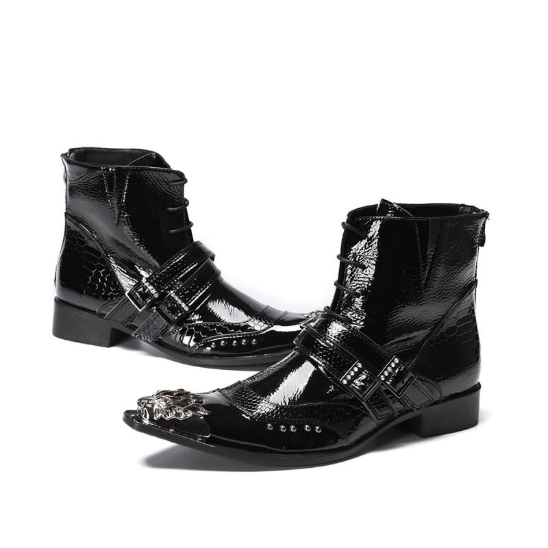 Luxury Patent Leather Metal Pointed Toe Boots for Men / Trendy Male Lace Up Ankle Boots with Buckle - HARD'N'HEAVY