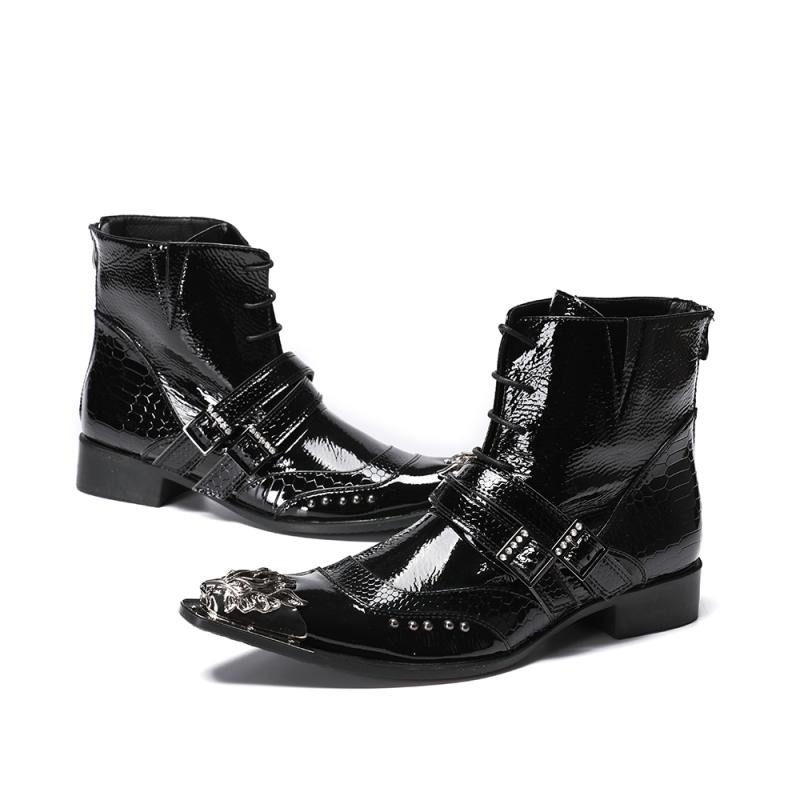 Luxury black patent leather ankle boots for men with buckles and metal pointed toe, stylish alternative footwear.