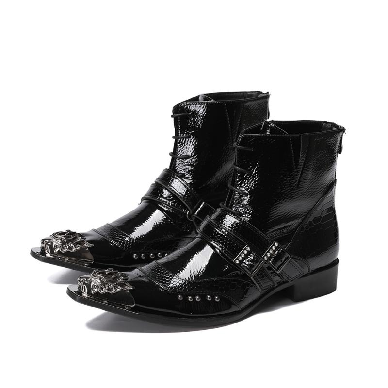 Luxury Patent Leather Metal Pointed Toe Boots for Men / Trendy Male Lace Up Ankle Boots with Buckle - HARD'N'HEAVY
