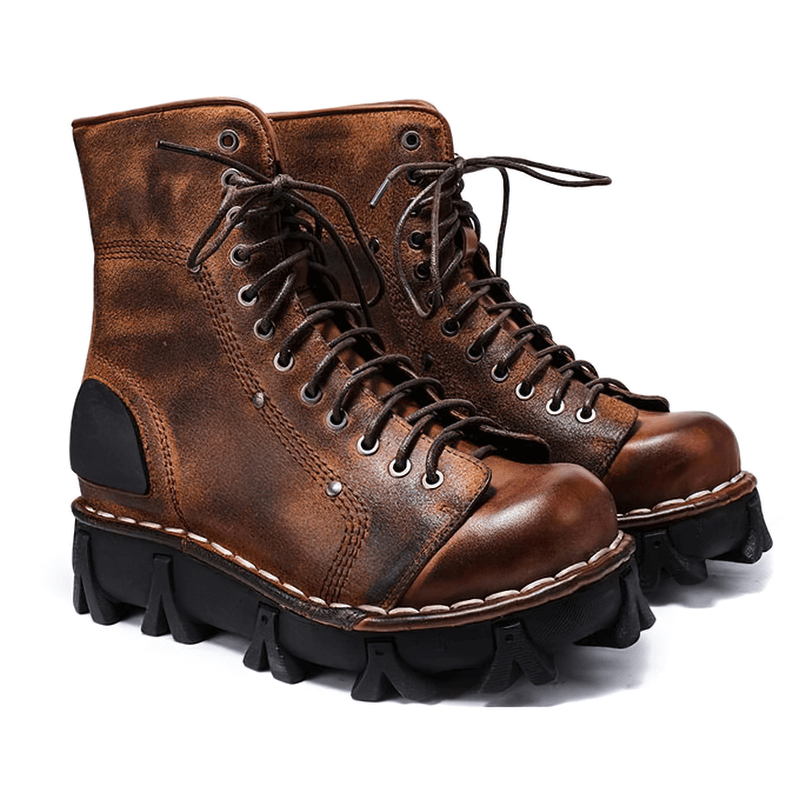 Luxury Punk Platform Genuine Leather Boots / Comfortable Round Toe Thick Bottom Shoes - HARD'N'HEAVY