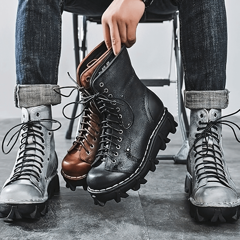 Luxury Punk Platform Genuine Leather Boots / Comfortable Round Toe Thick Bottom Shoes - HARD'N'HEAVY