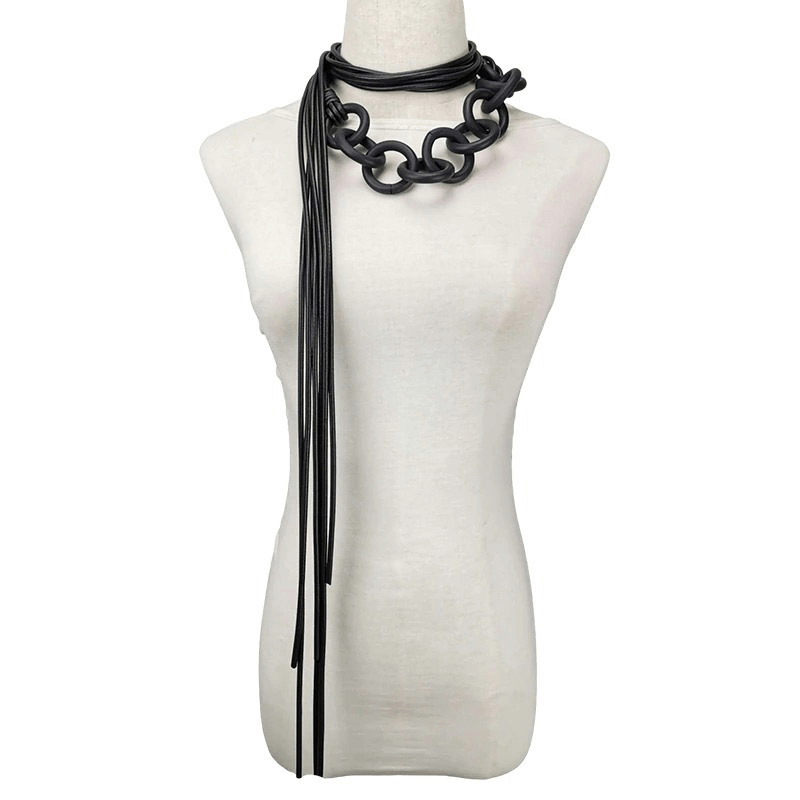 Luxury Rubber Long Black Necklaces For Women / Handmade Female Goth Accessories