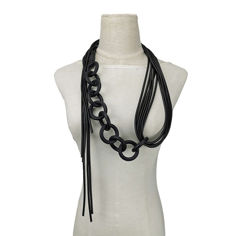 Handmade long black rubber necklace for women, featuring a gothic design and stylish chain links.