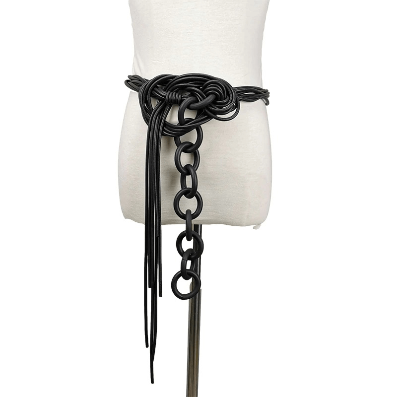 Stylish black rubber belt with intricate knot design, perfect for adding a gothic flair to outfits.