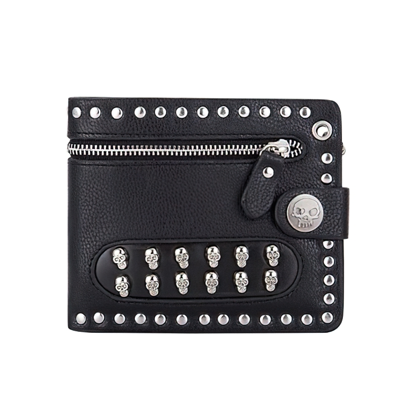 Luxury punk wallet with rivets and skulls, stylish bikers' accessory in black PU leather.