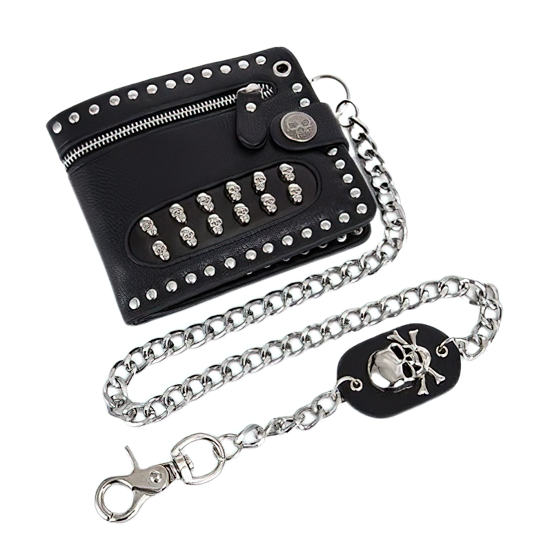 Luxury punk short wallet with rivets and skulls, black PU leather with chain, perfect for bikers and style lovers.
