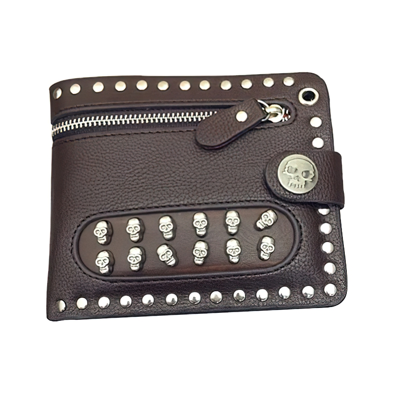 Luxury short wallet with skull rivets, a punk-style accessory made of quality PU leather.