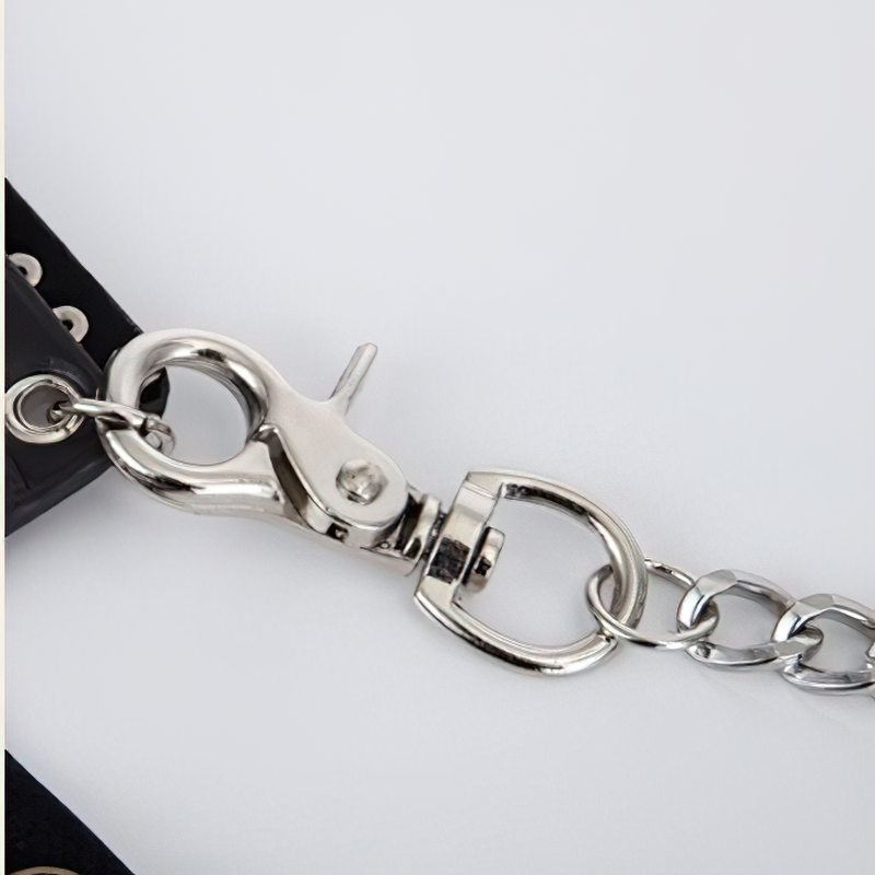 Close-up of a silver chain and clasp from a luxury punk style wallet with rivets.