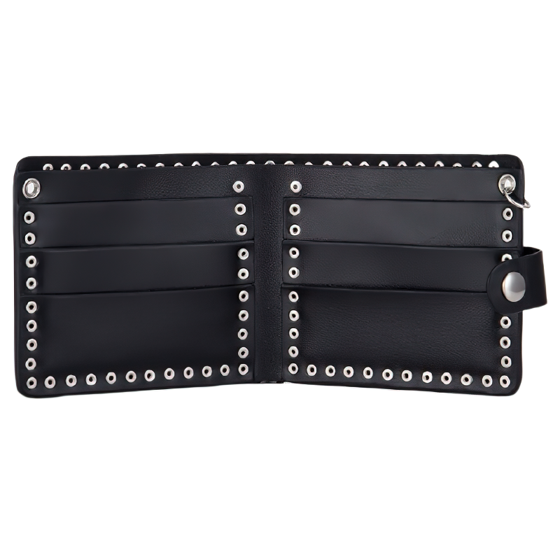 Inside view of a luxury punk-style wallet with silver rivets and multiple card slots for bikers and unisex use.