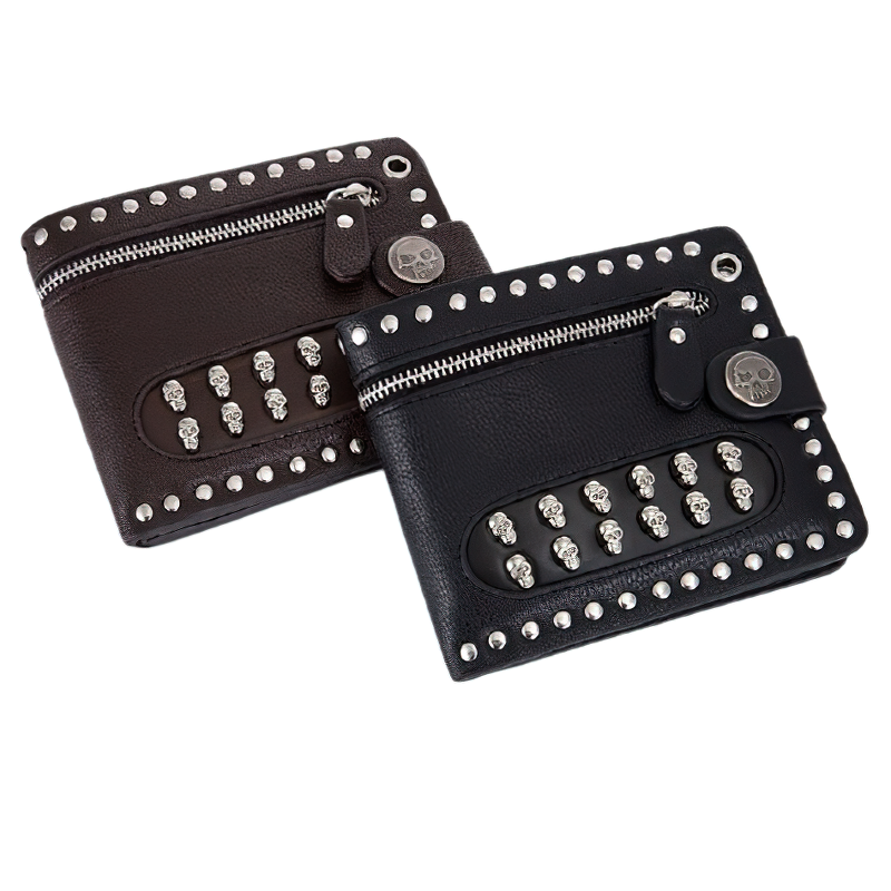 Luxury punk wallet with rivets and skulls in brown and black, ideal accessory for bikers and unisex fashion lovers.