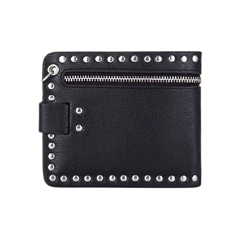 Luxury black short wallet with silver rivets, zip pocket, and punk style, perfect for bikers and unisex fashion.