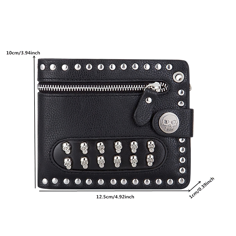 Luxury punk short wallet with silver rivets and skull details, unisex bikers accessory, crafted from quality PU leather.
