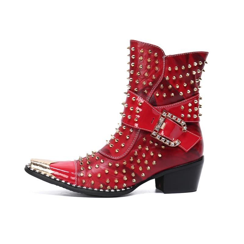 Luxury Spikes Genuine Leather Boots for Men / Stylish Male Pointed Toe High Heel Mid Boots - HARD'N'HEAVY