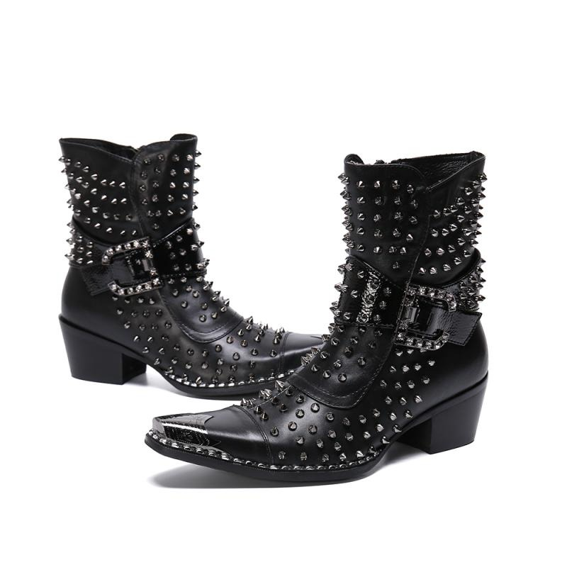 Luxury Spikes Genuine Leather Boots for Men / Stylish Male Pointed Toe High Heel Mid Boots - HARD'N'HEAVY