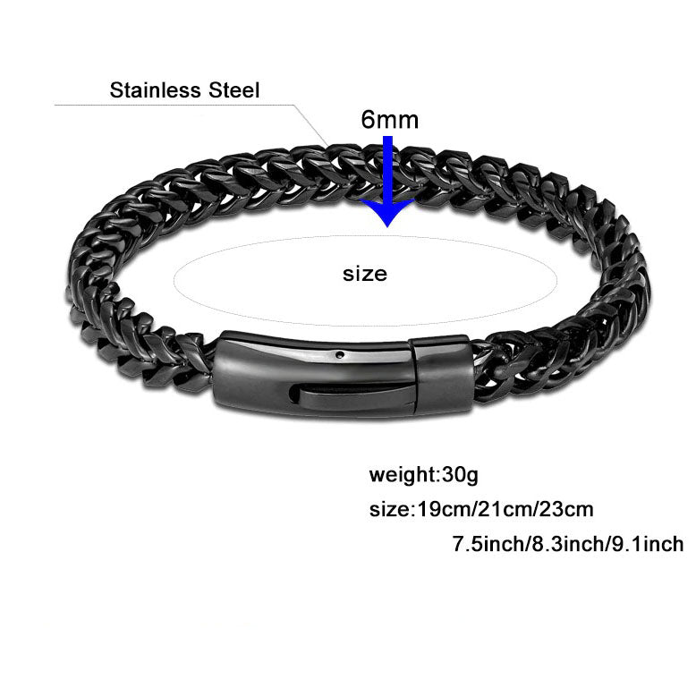 Luxury stainless steel chain bracelet for men, 6mm thickness, available in multiple sizes and colors.
