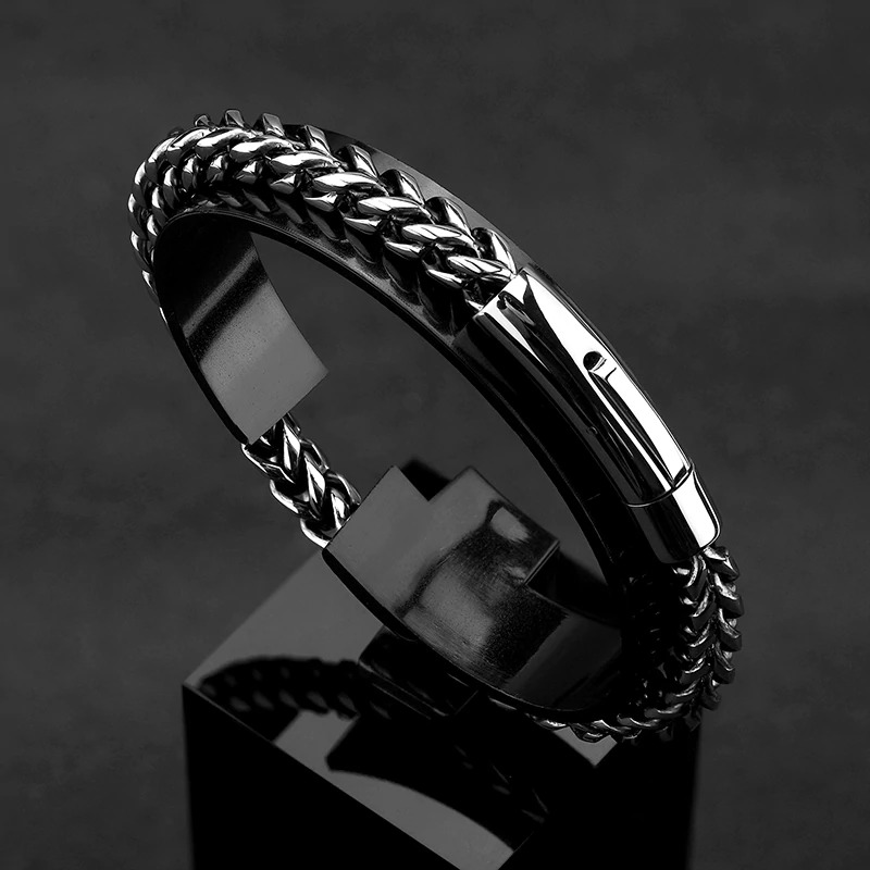 Luxury stainless steel chain bracelet for men in punk rock style, featuring a sleek design and comfortable lock.