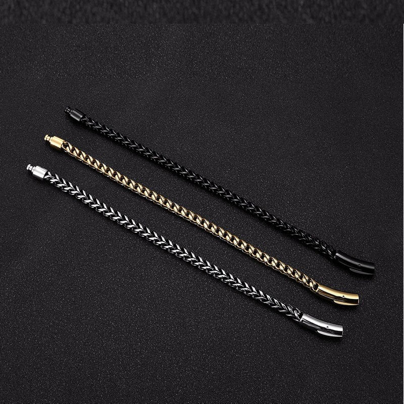 Luxury stainless steel bracelets for men in punk rock style, available in black, gold, and silver.