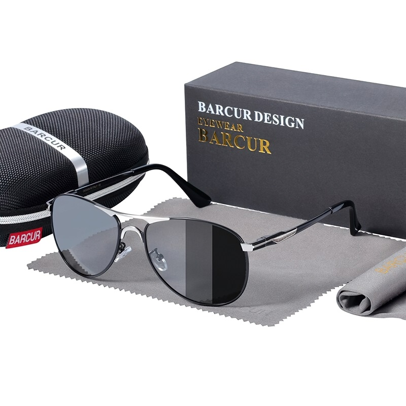 Luxury polarized sunglasses for men in sleek design, presented with case and cleaning cloth.