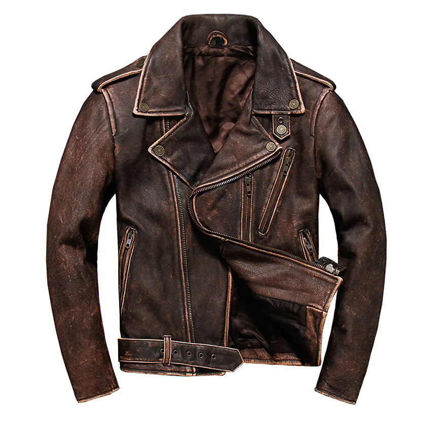 CLEARANCE / Luxury Vintage American Biker Genuine Leather Jacket / Cowhide Brown Motorcycle Jacket - HARD'N'HEAVY