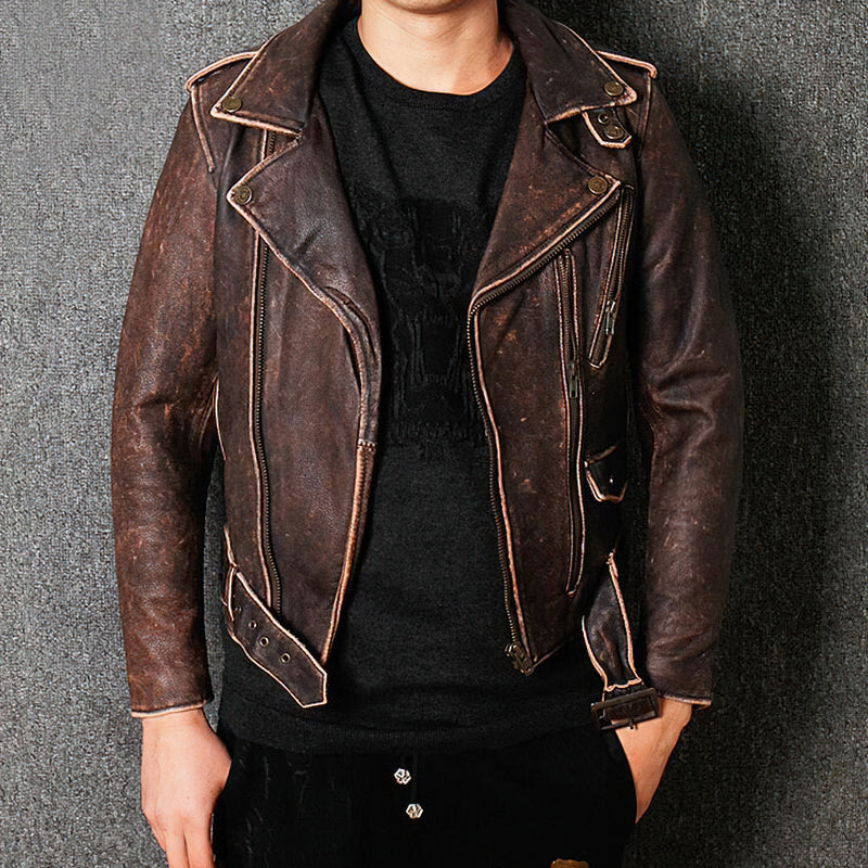 CLEARANCE / Luxury Vintage American Biker Genuine Leather Jacket / Cowhide Brown Motorcycle Jacket - HARD'N'HEAVY