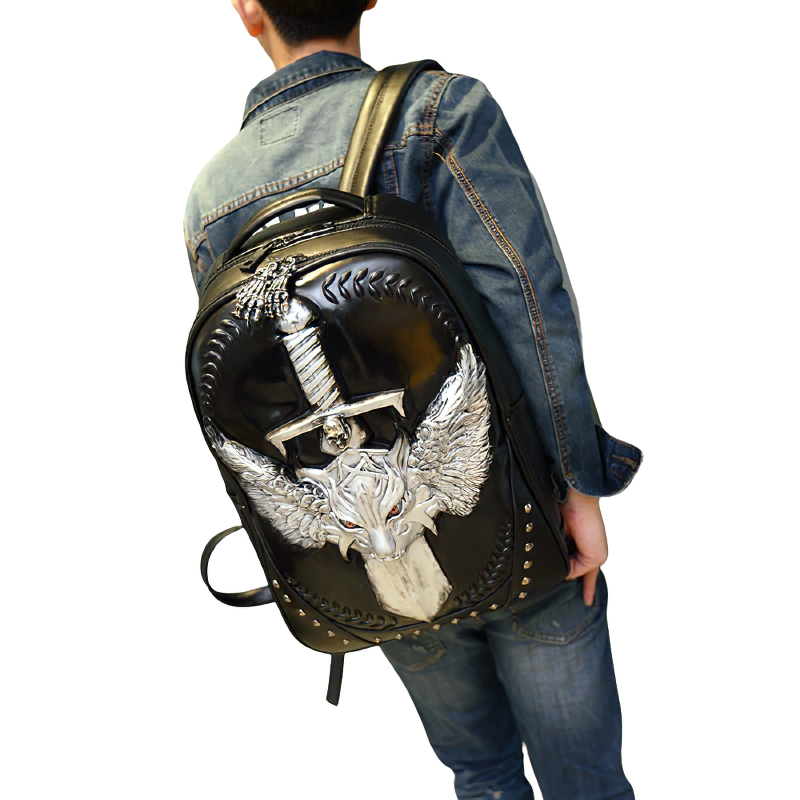 Luxury Waterproof Backpack for Men and Women / Thick Leather Bag with Emboss Sword - HARD'N'HEAVY