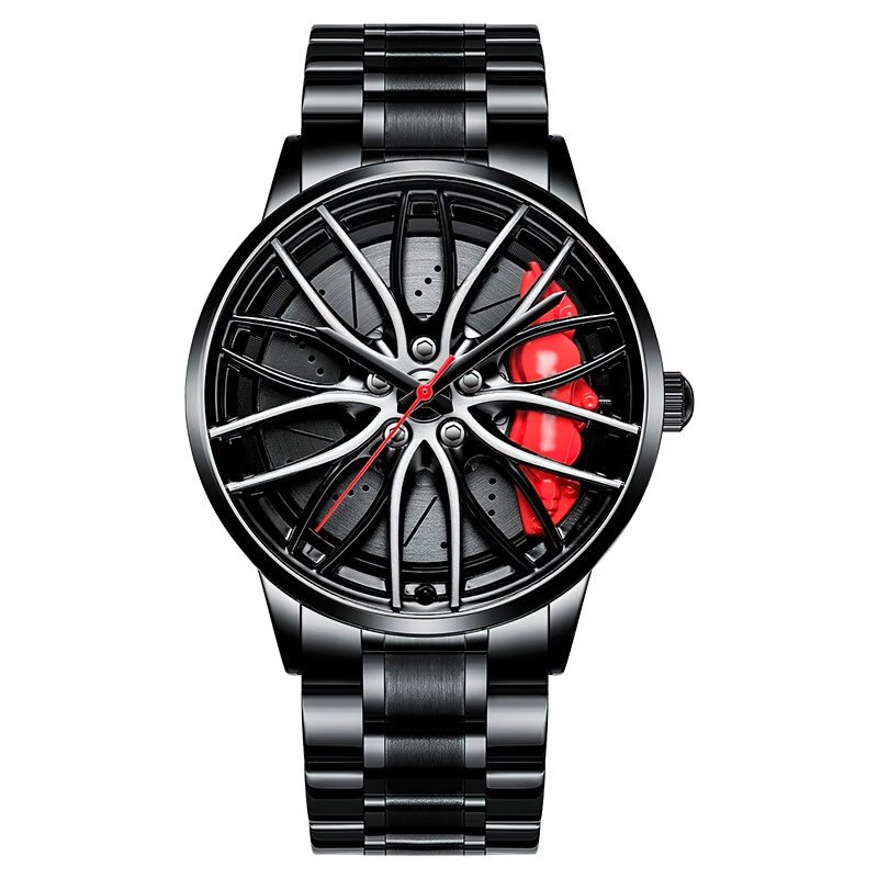 Luxury waterproof men's watch featuring a creative wheel design and sturdy stainless steel bracelet.