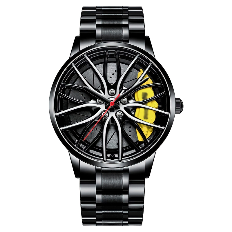 Luxury men's waterproof watch with wheel design in black stainless steel, featuring vibrant yellow and red accents.