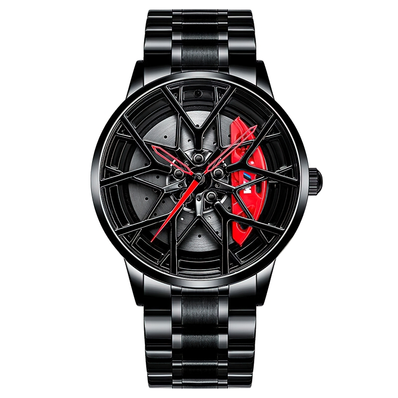 Luxurious men's waterproof watch with a stylish wheel design and stainless steel band, perfect for casual outfits.