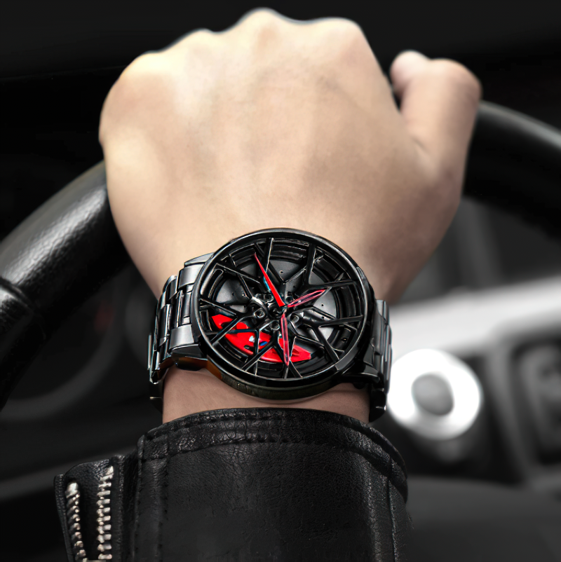 Men's luxury waterproof wheel-style watch in stylish black and red, perfect for casual fashion enthusiasts.