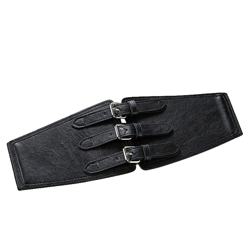 Luxury wide faux leather belt for women, featuring adjustable buckles and a stylish retro design in classic black.
