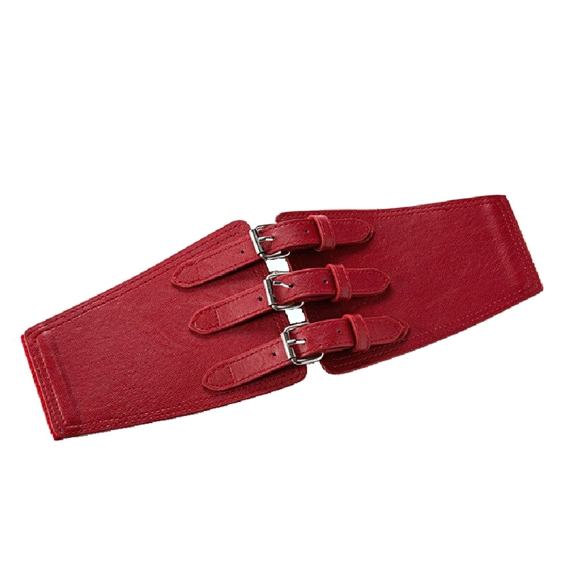 Luxury wide faux leather belt for women in vibrant red, featuring stylish buckle details and a retro design.