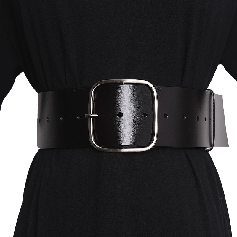 Luxury wide black leather belt for women with a stylish metal buckle, perfect for any outfit.