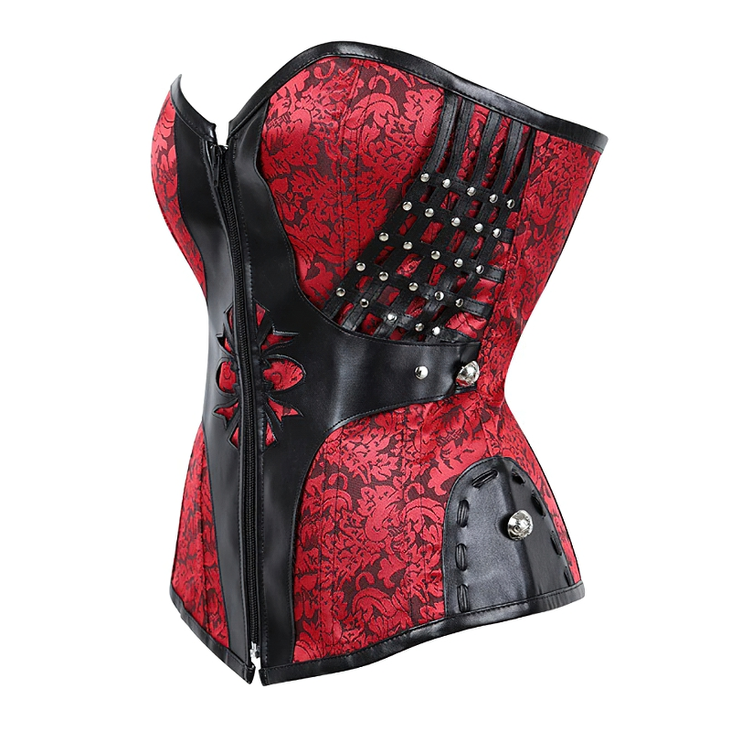 Luxury women's gothic corset in red and black faux leather with silver rivets and zipper detail.