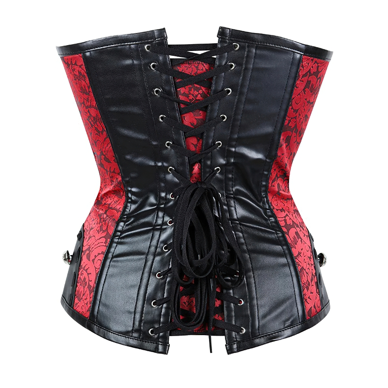 Elegant gothic corset with red floral pattern and black faux leather, featuring lace-up back for a vintage look.