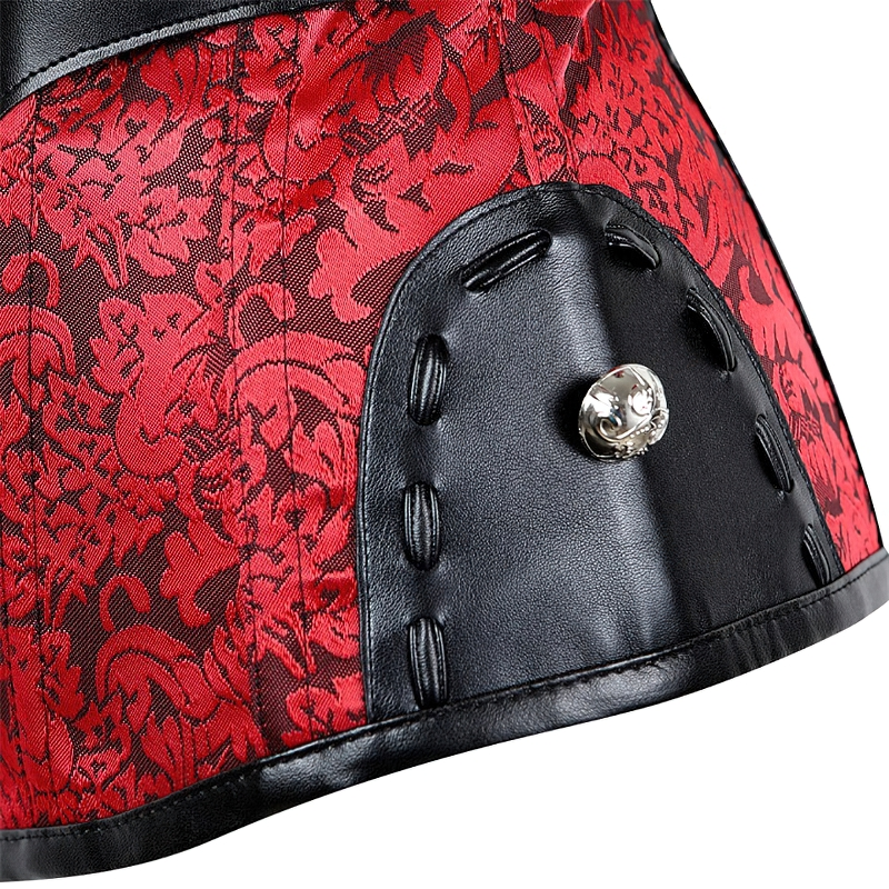 Luxury women's gothic corset featuring red floral design and black faux leather accents with silver rivet.