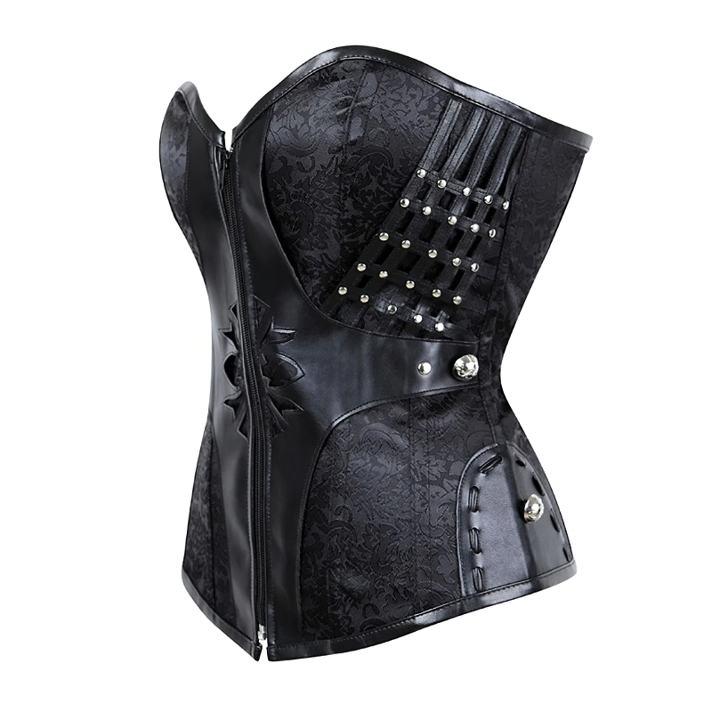 Luxury women's gothic corset in black faux leather with silver rivets and elegant design, perfect for a vintage look.