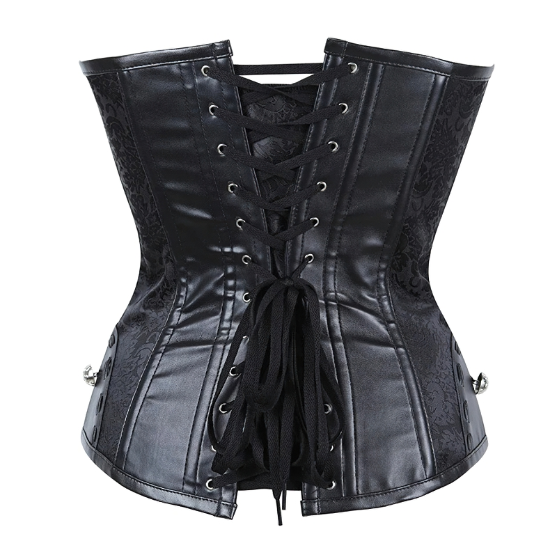 Elegant black gothic corset with lace-up back and silver rivets, crafted from high-quality PU leather.