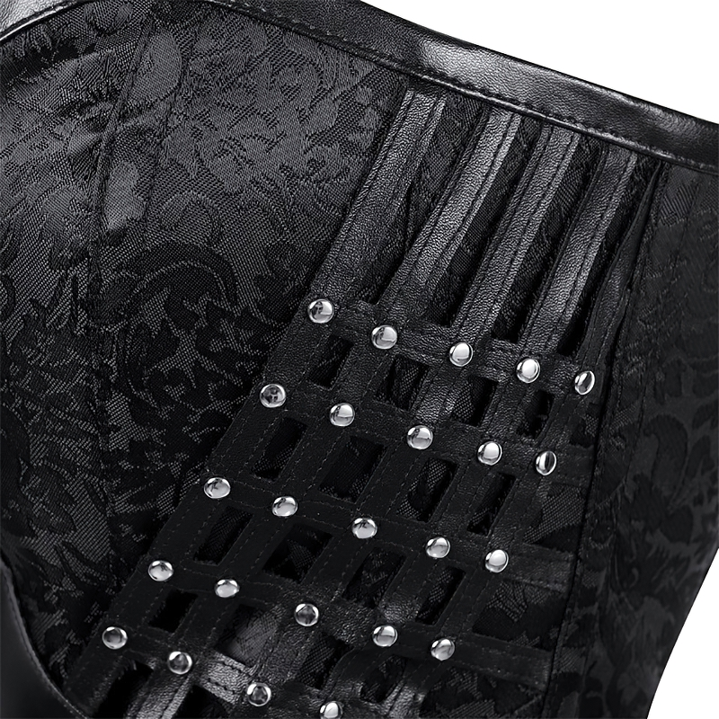 Close-up of a luxurious women's gothic corset featuring intricate texture and stylish silver rivets, perfect for elegant outfits.