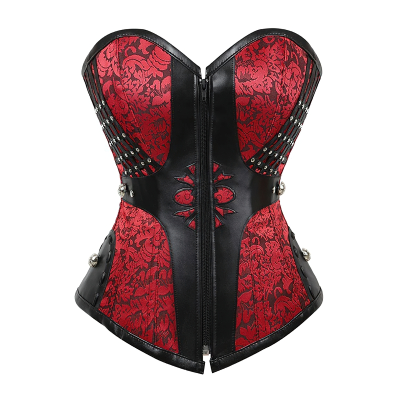 Luxury women's gothic corset in red and black faux leather with zipper and silver rivets, perfect for vintage-inspired outfits.
