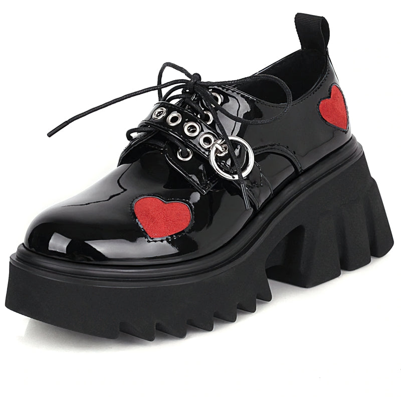Luxury women's chunky pumps with heart decorations, perfect for gothic fashion and punk style.