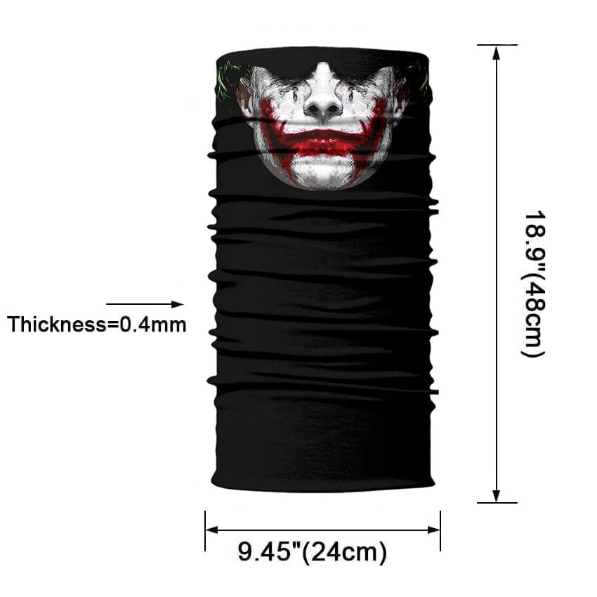 Magic scarf-balaclava featuring Joker face design, perfect for cosplay or biker style. Measures 18.9" x 9.45".