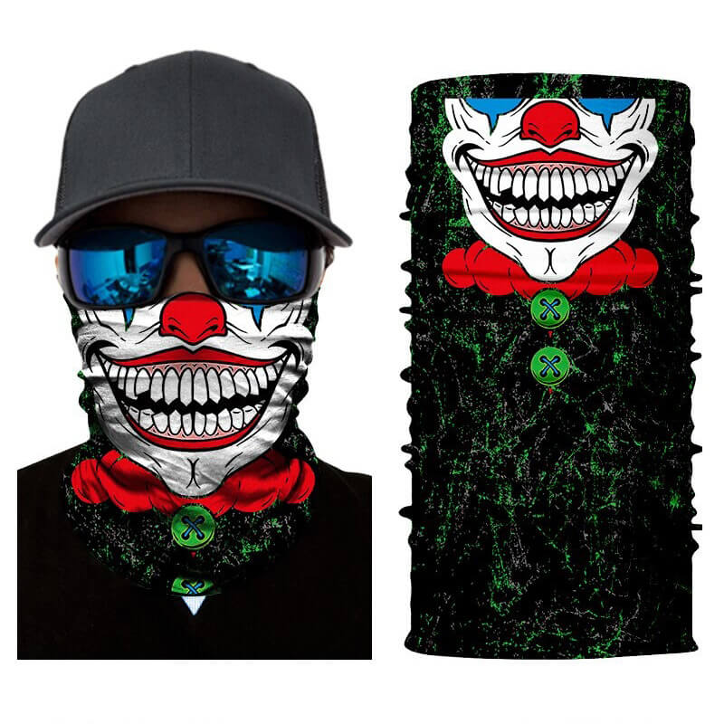 Magic Scarf-Balaclava featuring a creepy clown design, perfect for bikers and cosplay enthusiasts.