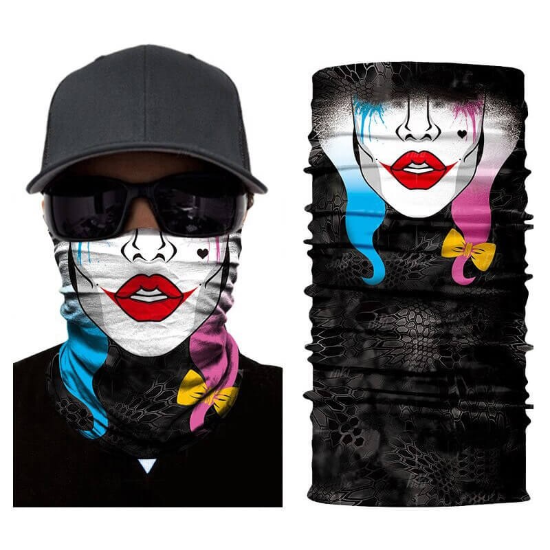 Harley Quinn-themed Magic Scarf-Balaclava in vibrant colors, perfect for bikers or costumes, featuring a striking ghost skull design.