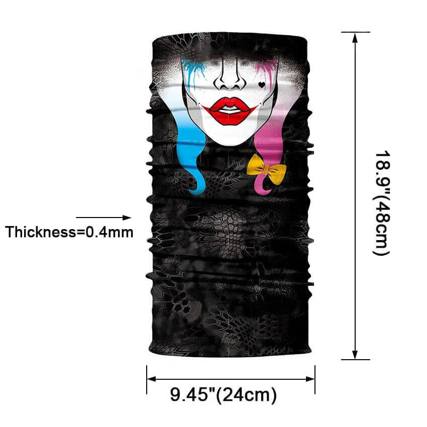 Magic Scarf-Balaclava with Harley Quinn design, perfect for bikers and outdoor activities, 9.45" x 18.9" dimensions.