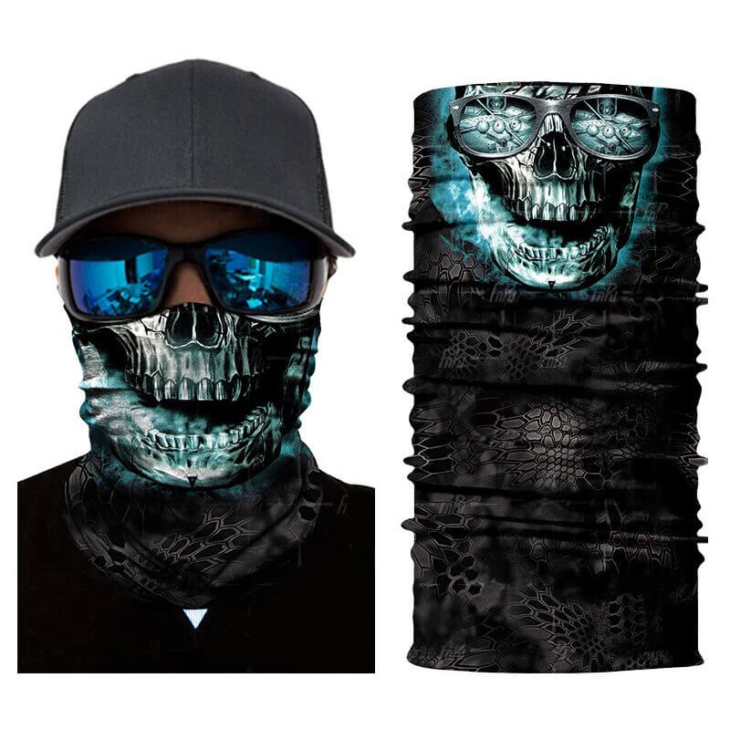 Stylish Magic Scarf-Balaclava featuring ghost skull design, perfect for bikers and alternative fashion lovers.